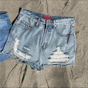 WOMENS HIGH WAIST BLUE DENIM DISTRESSED SHORTS